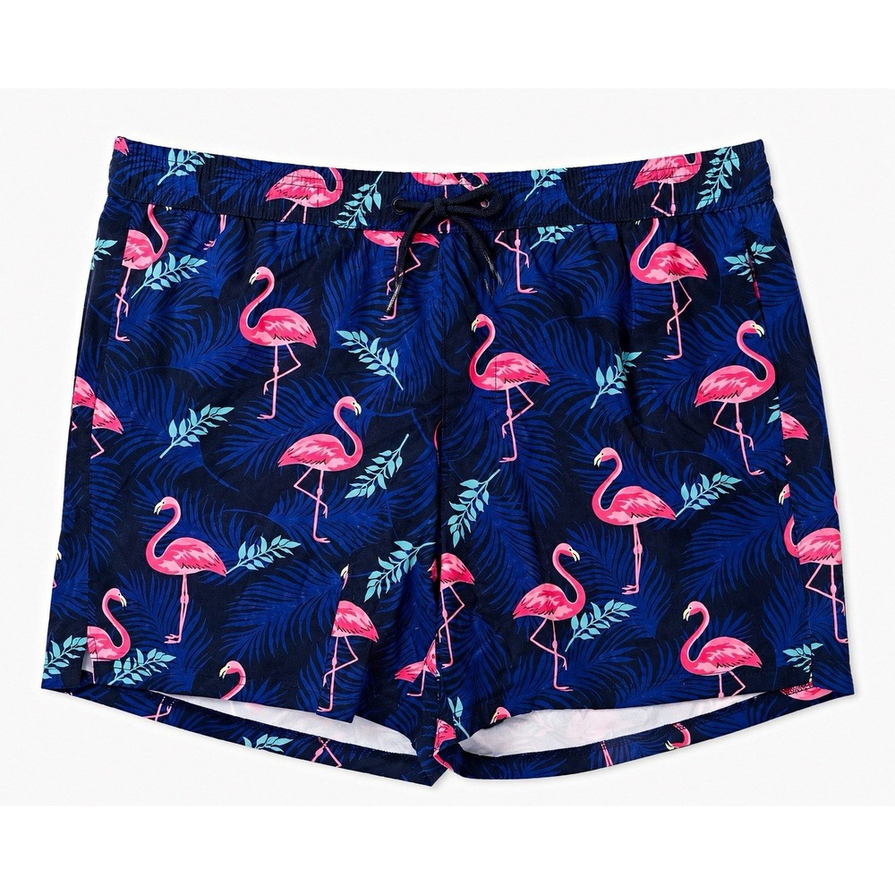 Brisira Men's Swim Shorts Size 36 Blue/Pink Flamingo Tropical Beach Pockets